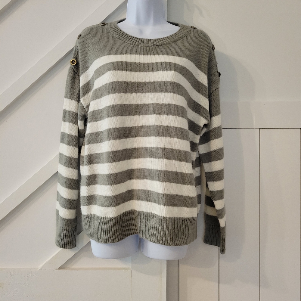 Womens Gray and White Sweater, Striped, With Button Details on Shoulder - Medium